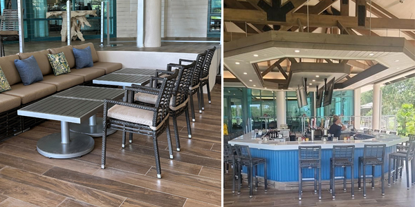 On the left is a photo of tables and chairs and the right is a photo of the bar area